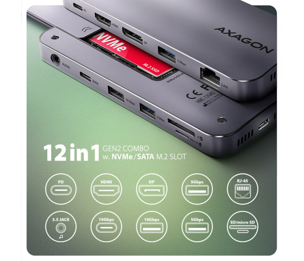 Axagon USB 12 in1 10Gbps, 3x USB-A, USB-C, HDMI, DP, RJ-45, M. - 1185557 - zdjęcie 4